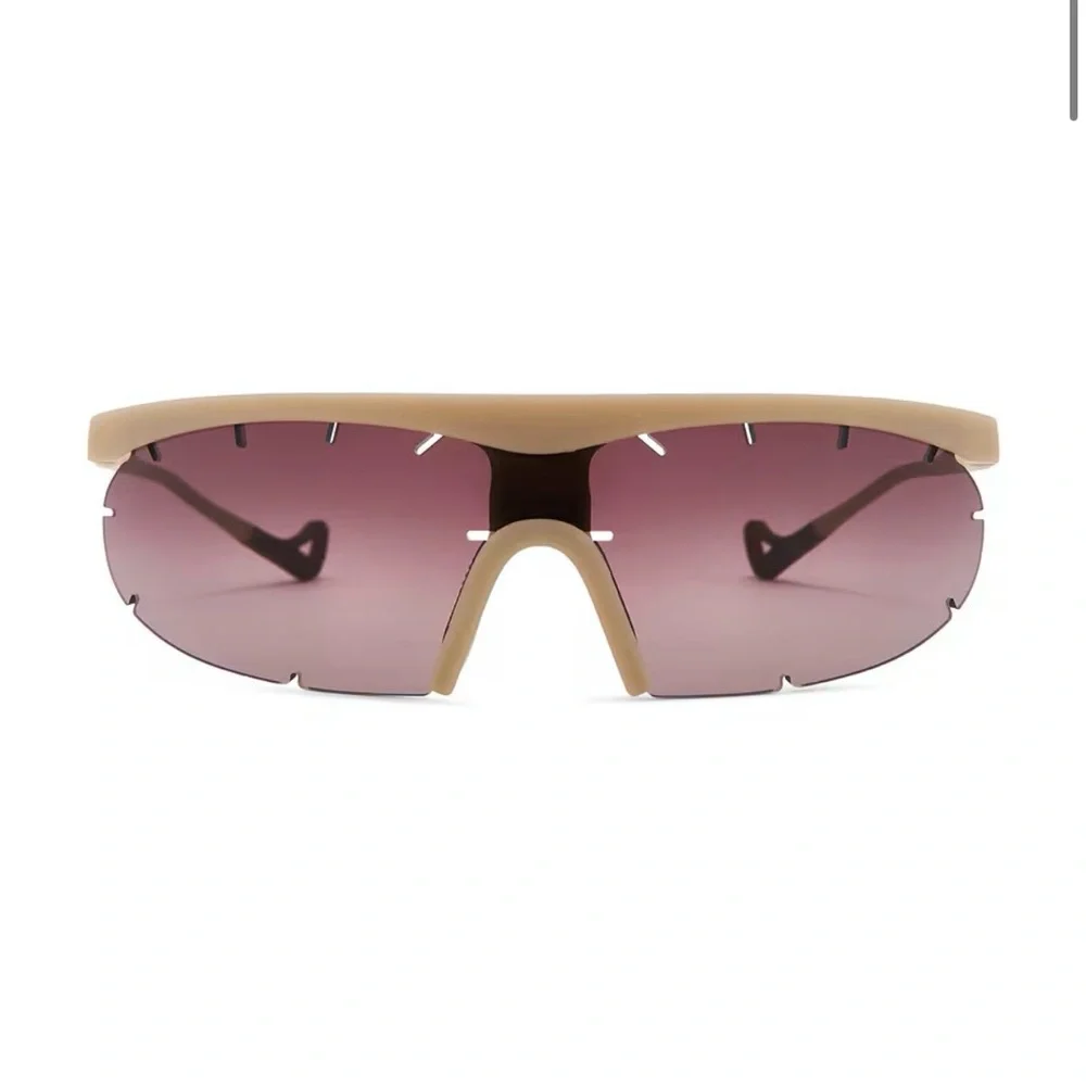 Women's Sport Shield Sunglasses in Beige with Purple Lenses